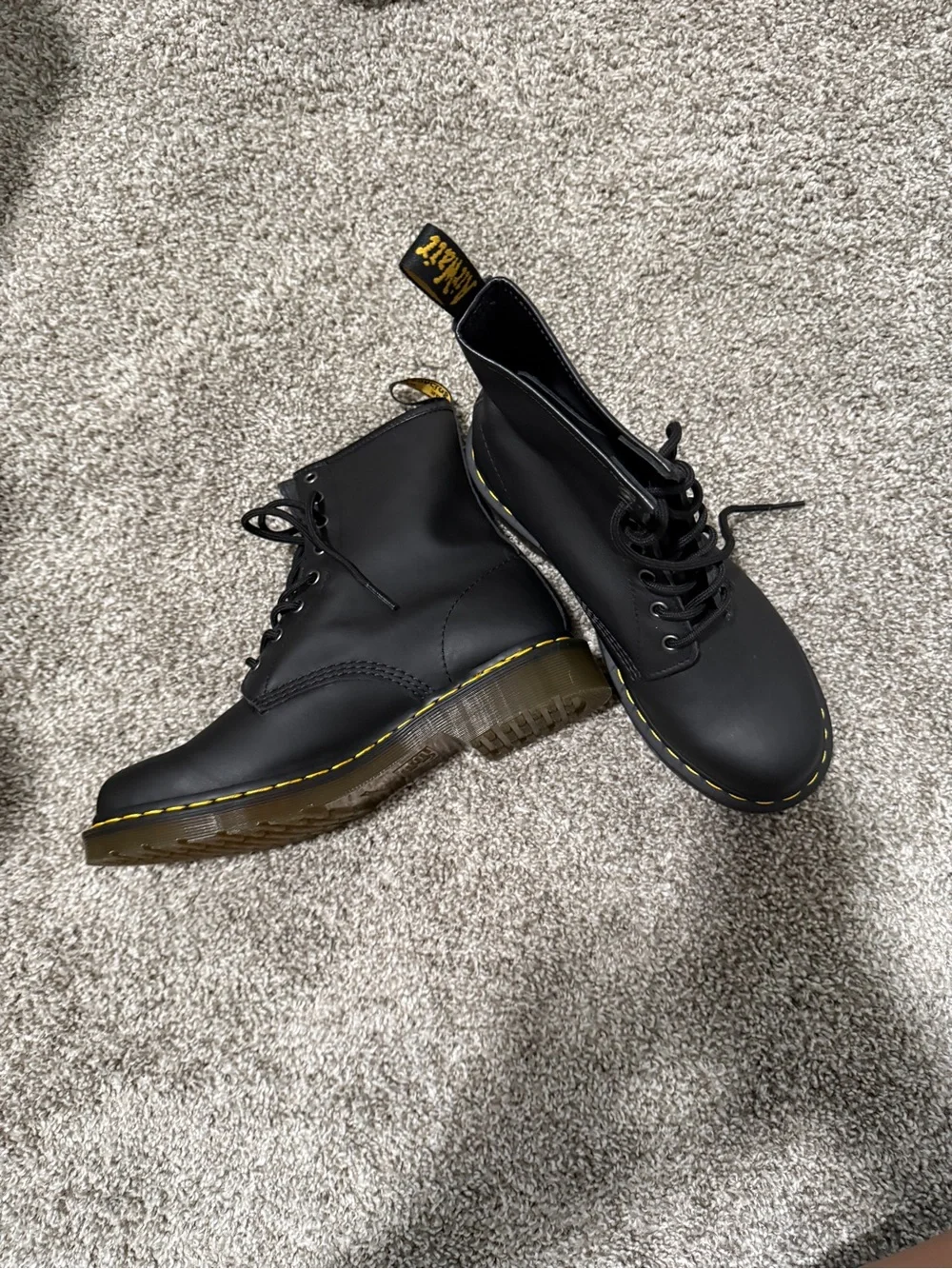 Dr. Martens Black Leather 8-Eye Lace-Up Boots with Yellow Welt Stitching